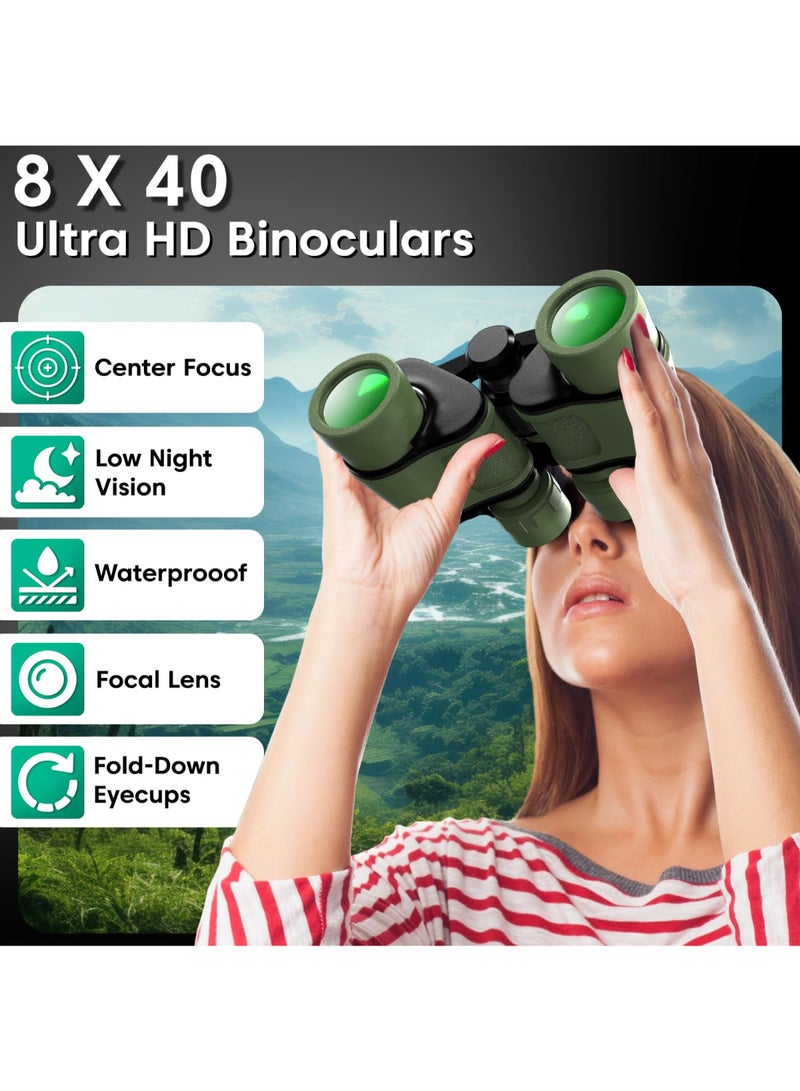 Sounce Renewed - 8x40 Binoculars for Long Distance | Professional HD Binocular for Adults | BAK4 Porro Prism FMC Optics | Bird Watching Wildlife Trekking Safari | Wide Angle Durbin with Pouch (Green) - Image 2