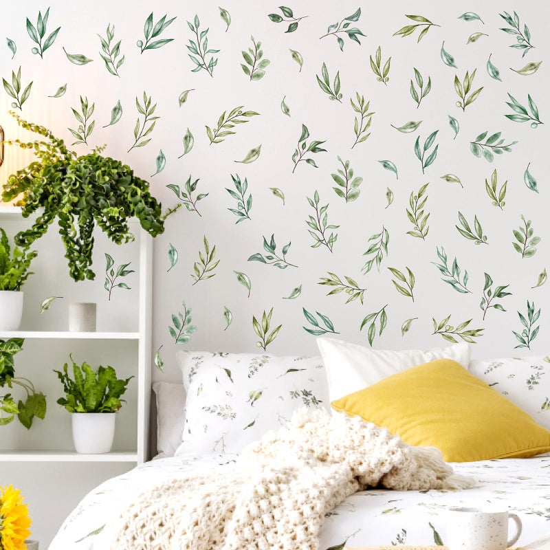 THEYGE Green Leaves Wall Stickers Green Tree Leaf Wall Stickers Boho Leaf Decal Modern Leaves Wall Decals Watercolor Botanical Plant Stickers for Nursery Bedroom Living Room Decor - Image 2