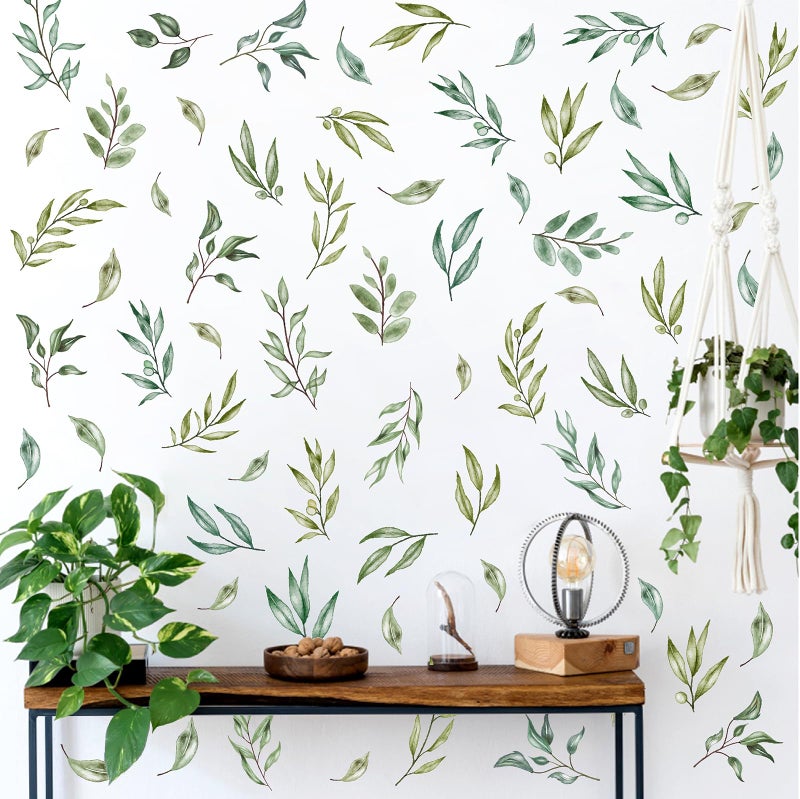 THEYGE Green Leaves Wall Stickers Green Tree Leaf Wall Stickers Boho Leaf Decal Modern Leaves Wall Decals Watercolor Botanical Plant Stickers for Nursery Bedroom Living Room Decor - Image 1