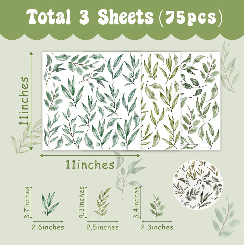 THEYGE Green Leaves Wall Stickers Green Tree Leaf Wall Stickers Boho Leaf Decal Modern Leaves Wall Decals Watercolor Botanical Plant Stickers for Nursery Bedroom Living Room Decor - Image 5