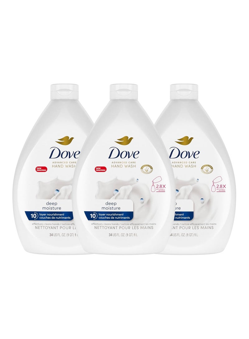 Dove Advanced Care Hand Wash Deep Moisture Pack of 3 for Soft, Smooth Skin More Moisturizers Than The Leading Ordinary Hand Soap, 34 oz