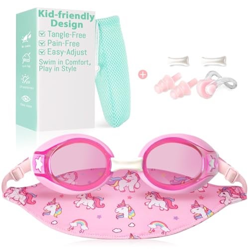 Pixel Panda Kids Goggles with Fabric Strap for 3-14, No Hair Pulling, Kids Swim Goggles for Boys Girls Toddler, Ideal for Swim Class, Pink - Image 1