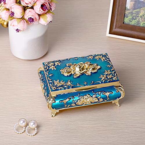 ELLDOO صندوق الموسيقى العتيق ELLDOO، صندوق مجوهرات معدني أزرق، صندوق تذكار صغير، صندوق تخزين مجوهرات هدية للبنات والنساء (لحن: أنت نوري في الحياة) - Image 5