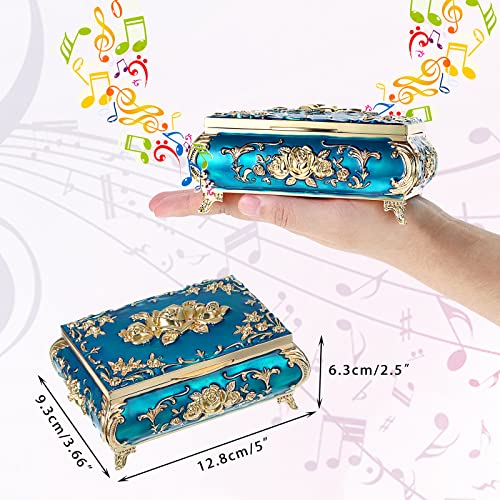 ELLDOO صندوق الموسيقى العتيق ELLDOO، صندوق مجوهرات معدني أزرق، صندوق تذكار صغير، صندوق تخزين مجوهرات هدية للبنات والنساء (لحن: أنت نوري في الحياة) - Image 2