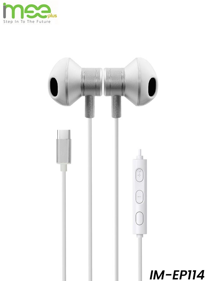 آیمی سماعات أذن ستيريو IMEE PLUS IM-EP114 من النوع C بصوت عالي الدقة مع مشغلات 10 مم وميكروفون مدمج وتحكم في مستوى الصوت وتصميم شبه مريح داخل الأذن وكابل TPE بطول 1.2 متر لتقليل الضوضاء ومقاومة للماء وصوت جهير عميق - Image 1