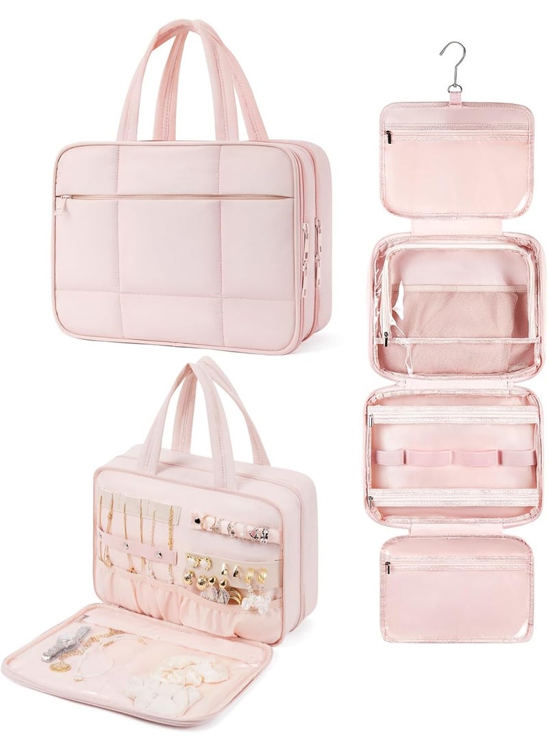 Telena Telena Travel Toiletry Bag with Jewelry Organizer for Women, Puffy Hanging Makeup Bag Lightweight Cosmetic Bag Organizer for Travel Essentials 