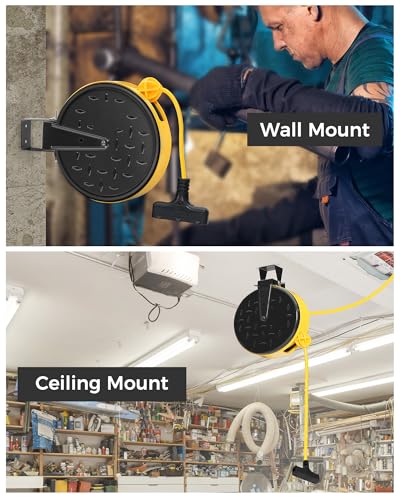 WILAWELS 30 Ft Retractable Extension Cord Reel, 16/3 Gauge SJTW Power Cord with 3 Electrical Outlets Pigtail for Garage and Shop, 10 Amp Circuit Breaker, Metal Plate, UL Listed, Yellow Y30CR06 - Image 2