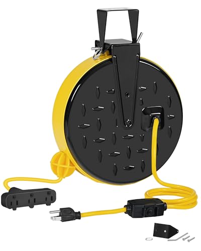 WILAWELS 30 Ft Retractable Extension Cord Reel, 16/3 Gauge SJTW Power Cord with 3 Electrical Outlets Pigtail for Garage and Shop, 10 Amp Circuit Breaker, Metal Plate, UL Listed, Yellow Y30CR06 - Image 1