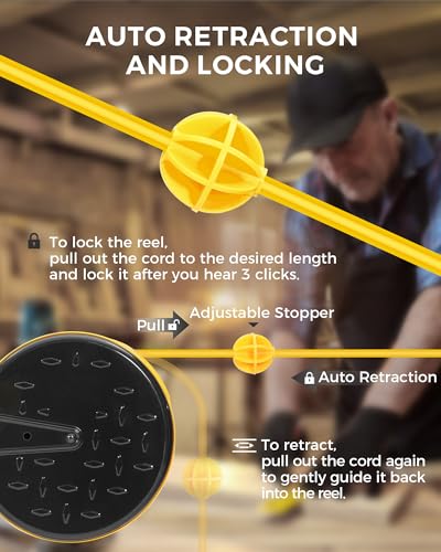 WILAWELS 30 Ft Retractable Extension Cord Reel, 16/3 Gauge SJTW Power Cord with 3 Electrical Outlets Pigtail for Garage and Shop, 10 Amp Circuit Breaker, Metal Plate, UL Listed, Yellow Y30CR06 - Image 4