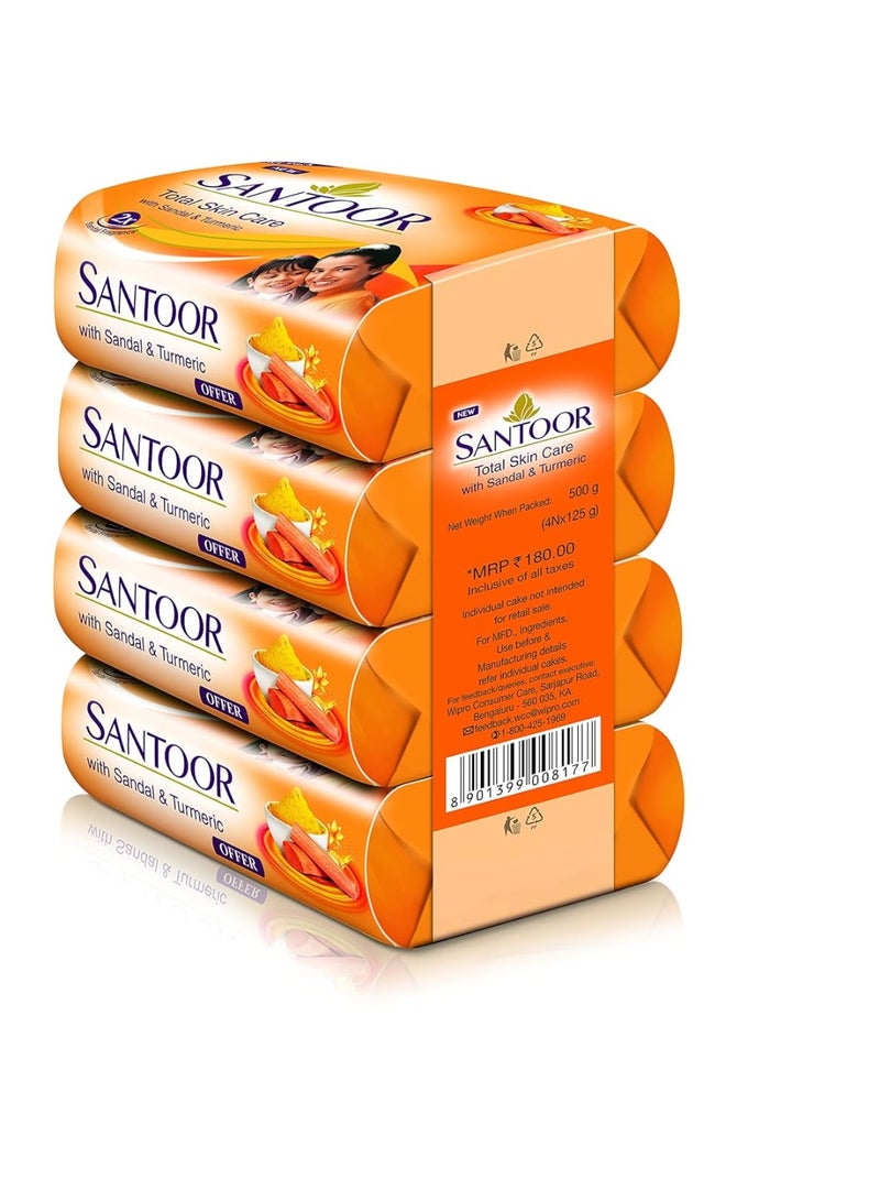 Santoor Sandal & Turmeric Soap for Total Skin Care, 125g (Pack of 4) - Image 1