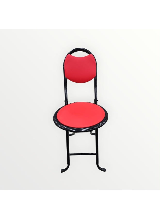 A foldable prayer chair featuring a rounded design, a backrest, and a black metal frame, with a padded seat and backrest available in various colors.