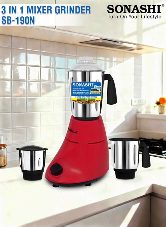 SONASHI 3-in-1 Mixer Grinder with 800W Powerful Motor | 1.0L Liquidizing Jar, 0.8L Dry Grinding Cup & 0.4L Chutney Cup | 3-Speed Control with Pulse Function | Stainless Steel Jars, Polycarbonate Lids & Compact Countertop Design | SB-190N Red 1 L 800 W SB-190N red - Image 1