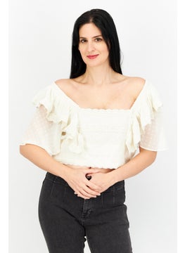Hope & Ivy Women Square Neck Flutter Sleeve Embroidered Top, Ivory  - Image 1