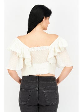 Hope & Ivy Women Square Neck Flutter Sleeve Embroidered Top, Ivory  - Image 2