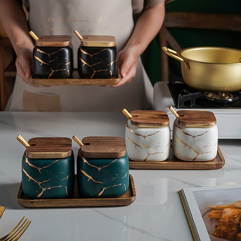 JFFLYIT 2 Sets of Marble Ceramic Sugar Bowl Ceramic Seasoning Jars with Wooden Lid and Wooden Spoon(Black) - Image 2