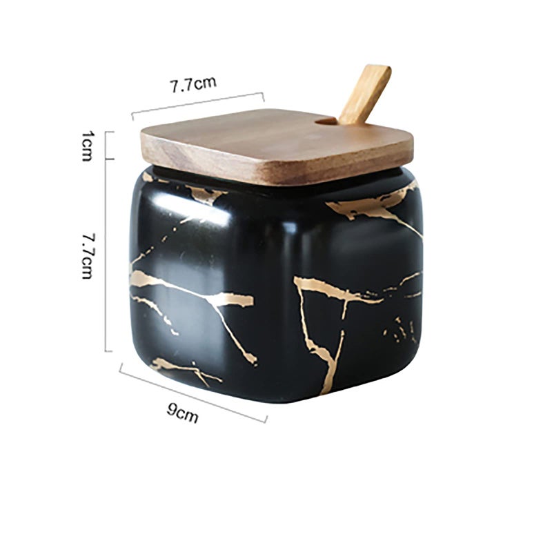 JFFLYIT 2 Sets of Marble Ceramic Sugar Bowl Ceramic Seasoning Jars with Wooden Lid and Wooden Spoon(Black) - Image 3