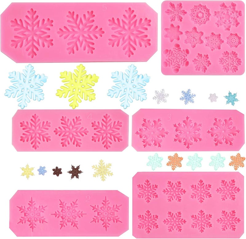 Rainmae 6 Pcs Christmas Snowflake Cake Silicone Fondant Molds, 3D Snowflake Winter Frozen Party Cupcake Topper Decorating Tools, Silicone Chocolate Candy Gum Paste Polymer Clay Epoxy Resin Mould - Image 1