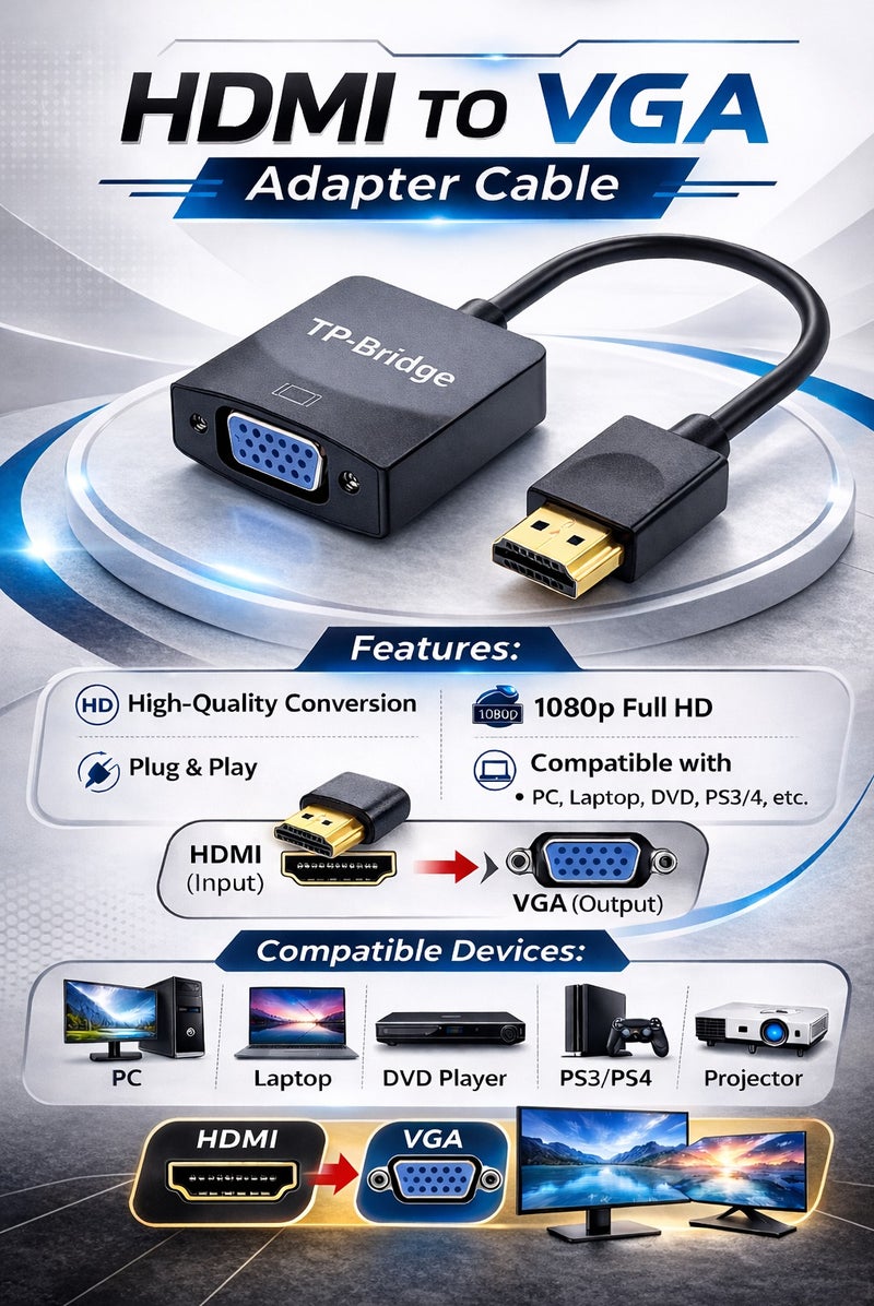 TP-BRIDGE Premium Quality HDMI TO VGA Adapter Cable 1080*1920@  No Power RequirdHDMI Male to VGA FemaleCompatible with Computer, Desktop, Laptop, PC, Monitor, Projector, HDTV, Chromebook, Raspberry Pi, Roku, Xbox And More Connectivity, - Image 1