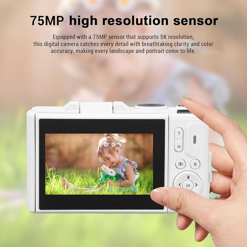 5K 75MP Digital Camera With Flip Screen 18X Zoom Autofocus Vlogging For Beginners White - Image 5