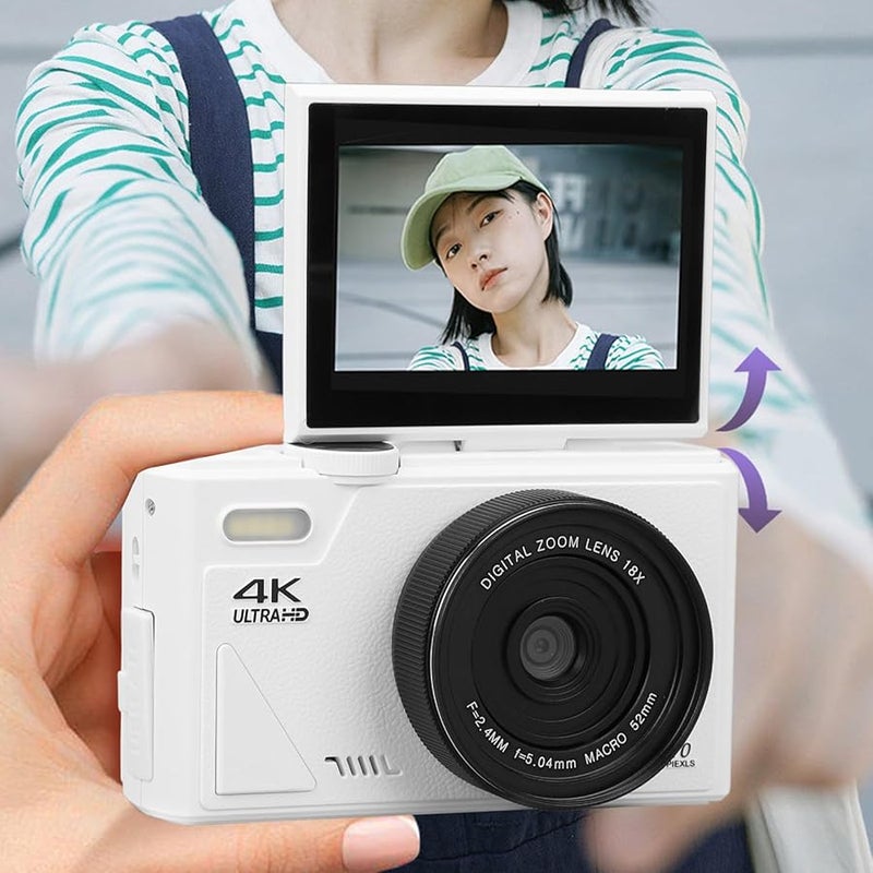 5K 75MP Digital Camera With Flip Screen 18X Zoom Autofocus Vlogging For Beginners White - Image 4
