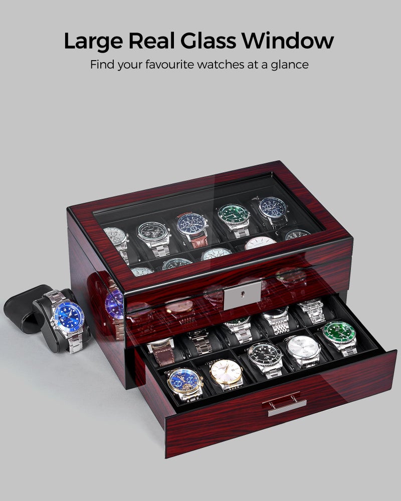ANWBROAD Watch Box 20 Slot Watch Cases for Men with Large Glass Lid 2-Tier Watch Display Case Lockable Wooden Watch Organizer Elegant Watch Holder for Women UJWB002Y - Image 3