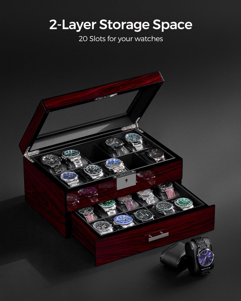 ANWBROAD Watch Box 20 Slot Watch Cases for Men with Large Glass Lid 2-Tier Watch Display Case Lockable Wooden Watch Organizer Elegant Watch Holder for Women UJWB002Y - Image 2
