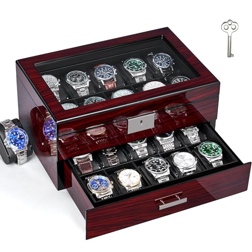 ANWBROAD Watch Box 20 Slot Watch Cases for Men with Large Glass Lid 2-Tier Watch Display Case Lockable Wooden Watch Organizer Elegant Watch Holder for Women UJWB002Y - Image 1