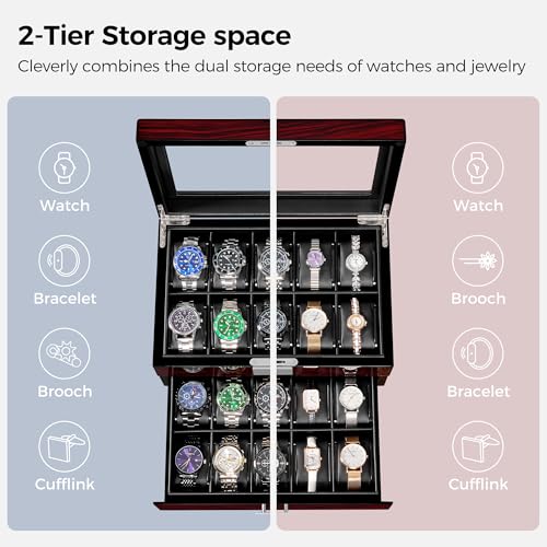 ANWBROAD Watch Box 20 Slot Watch Cases for Men with Large Glass Lid 2-Tier Watch Display Case Lockable Wooden Watch Organizer Elegant Watch Holder for Women UJWB002Y - Image 4