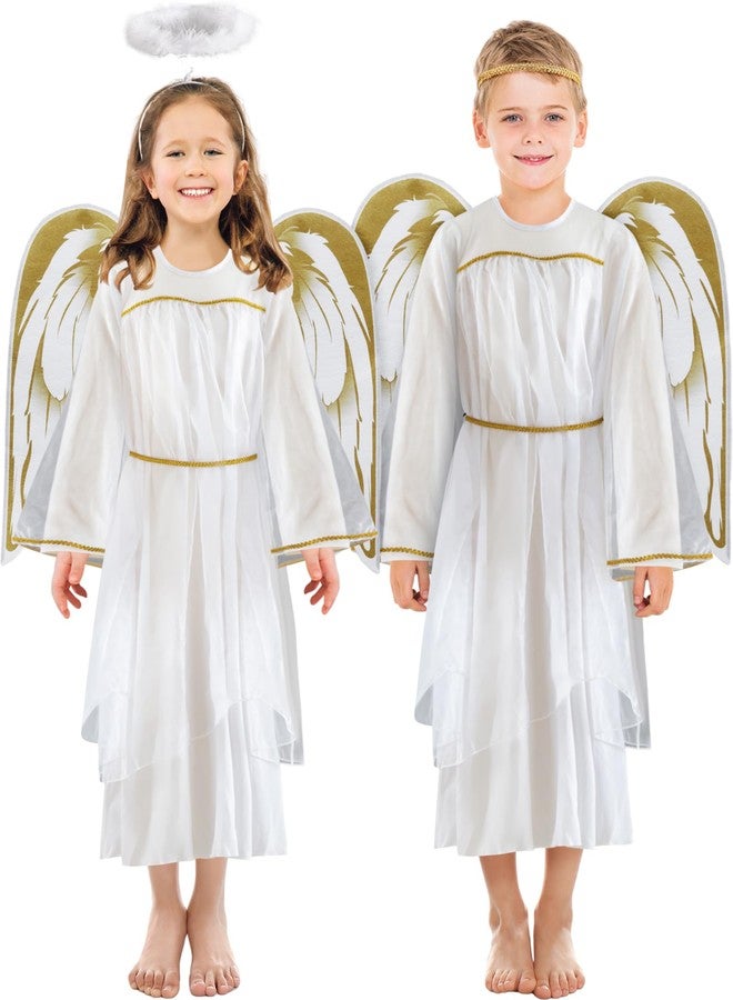 Liitrsh 2 Set Christmas Kid's Holiday Angel Costume Long White Gown Fairy Fancy Gold Wings Headband for Girls Boys Dress Up Halloween Xmas Cosplay, 7-9 Years - Image 1