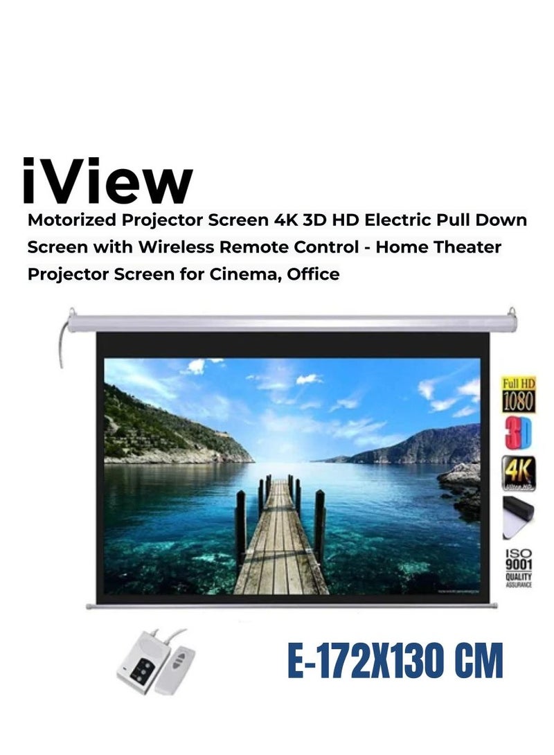 iView 172 × 130 cm Motorized Projection Screen – Silent Synchronous Motor, RF Remote + 3‑Way Wall Switch, Max White Matte (1.1‑gain, 180° view), Four‑Side Black Masking, Ceiling/Wall Mount – 86″ Diagonal