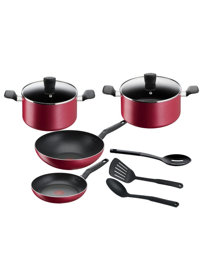 TEFAL Cookware Set of 9 PCs |Super Cook| Frypan 24 cm/Wokpan 28 cm/Stewpots 22/24 cm+lids/Spoon/Slotted Spoon/Slotted Spatula| Aluminium Non-Stick with Thermo Signal| Red | 2 Years Warranty B460S984 Red Red - Image 1