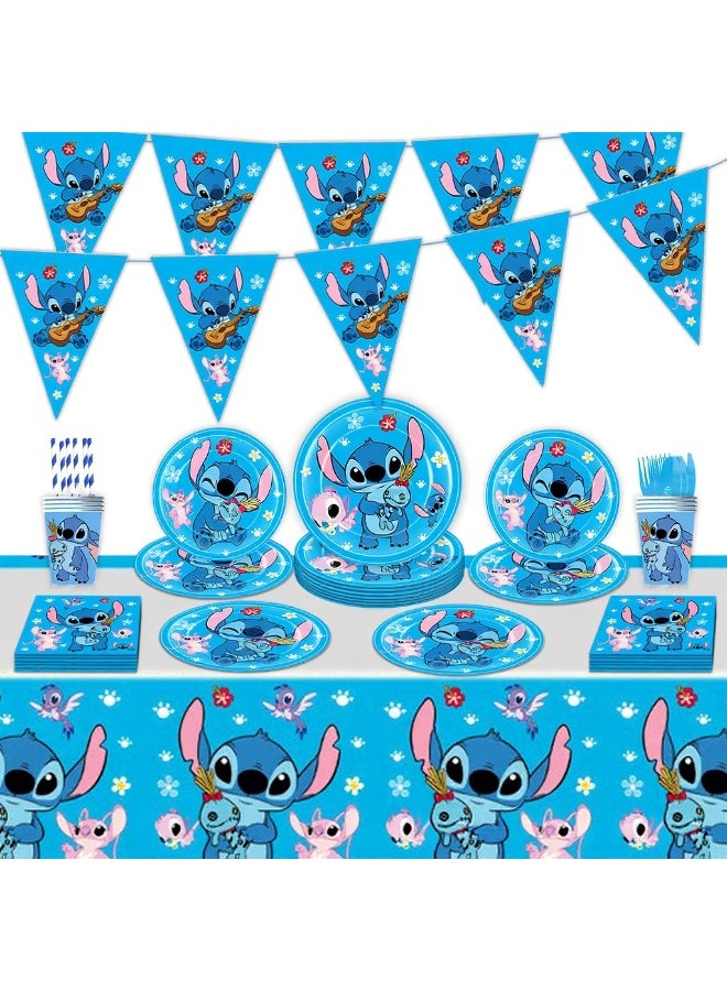 Stitch Party Decorations for 10 Guests, Stitch Birthday Party Disposable Tableware Stitch Themed Party Plates Banner Tablecloth  - Image 1