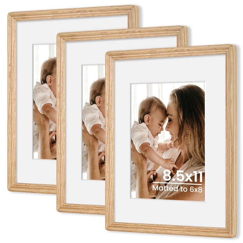Axeman Axeman 8.5x11 Natural Solid Oak Wood Picture Frame with 6x8 Mat  Premium Rustic Wooden Photo Frames with Plexiglass  Poster Photo Frame for Gallery Wall Hanging Vertically or Horizontally  3 Packs - Image 1