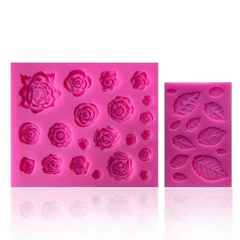 SIENON 33 Cavity Rose Flowers and Leaves Fondant Candy Silicone Molds Chocolate Moulds for Sugarcraft Cupcake Toppers Soap Polymer Clay Crafting Projects Wedding and Birthday Cake Decorations