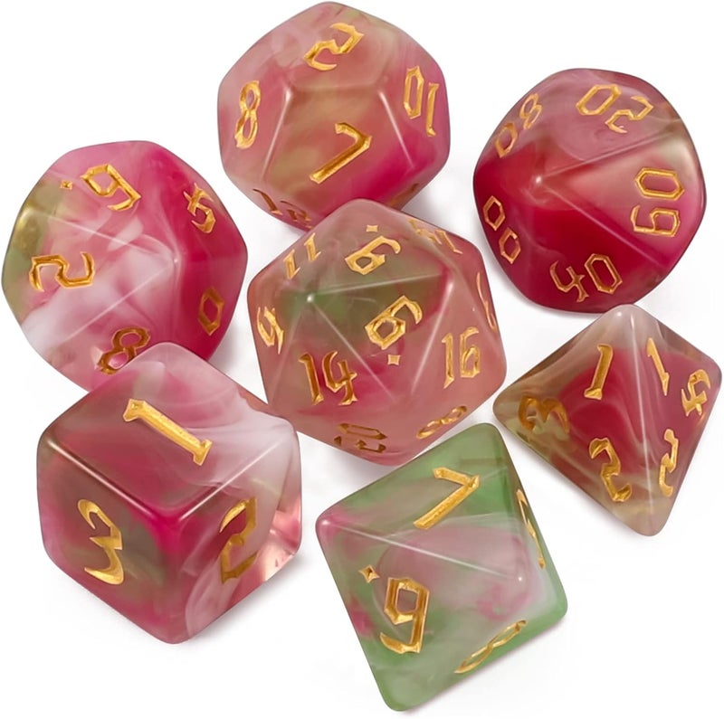 QMAY DND Dice Set -D&D Polyhedral Dice (7 Pcs) for Dungeons and Dragons (Pink Light Green) - Image 1