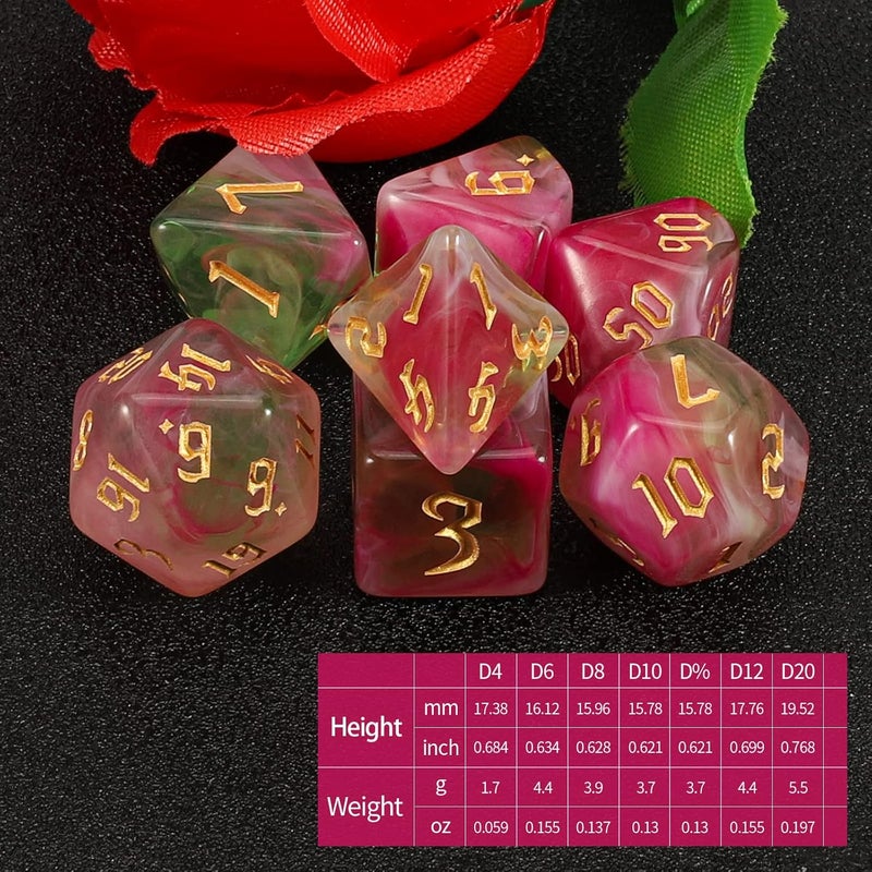 QMAY DND Dice Set -D&D Polyhedral Dice (7 Pcs) for Dungeons and Dragons (Pink Light Green) - Image 2