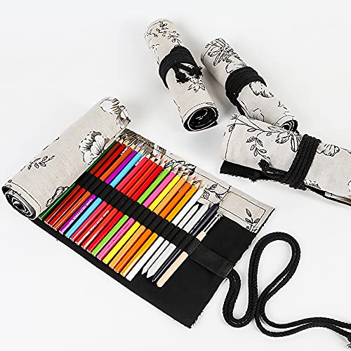Funny live 36/48/72 Slots Colored Pencil Wrap Pencils Roll Holder Coloring Pencils Organizer Holder Colored Pen Paint Brush Storage Pouch Portable for Artist Student (Black peony, 36 Slots) - Image 2