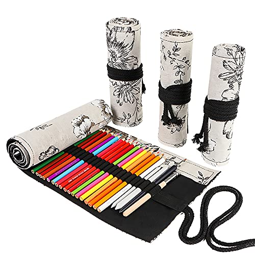 Funny live 36/48/72 Slots Colored Pencil Wrap Pencils Roll Holder Coloring Pencils Organizer Holder Colored Pen Paint Brush Storage Pouch Portable for Artist Student (Black peony, 36 Slots) - Image 1