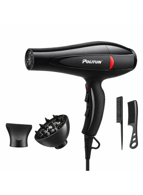 Professional Hair Dryer - 5000W, Fast Drying, Smooth for Salons, Powerful Motor, 3 Temperature Settings, 3 Speeds, Detachable Concentrator, Overload Protection, PT-V12, Black