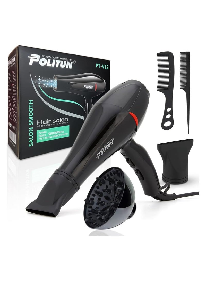 POLITUN Professional Hair Dryer - 5000W, Fast Dry, Salon Smooth, Powerful Motor, 3 Temperature Settings, 2 Speeds, Detachable Air Concentrator, Overheat Protection, PT-V12, Black - Image 1
