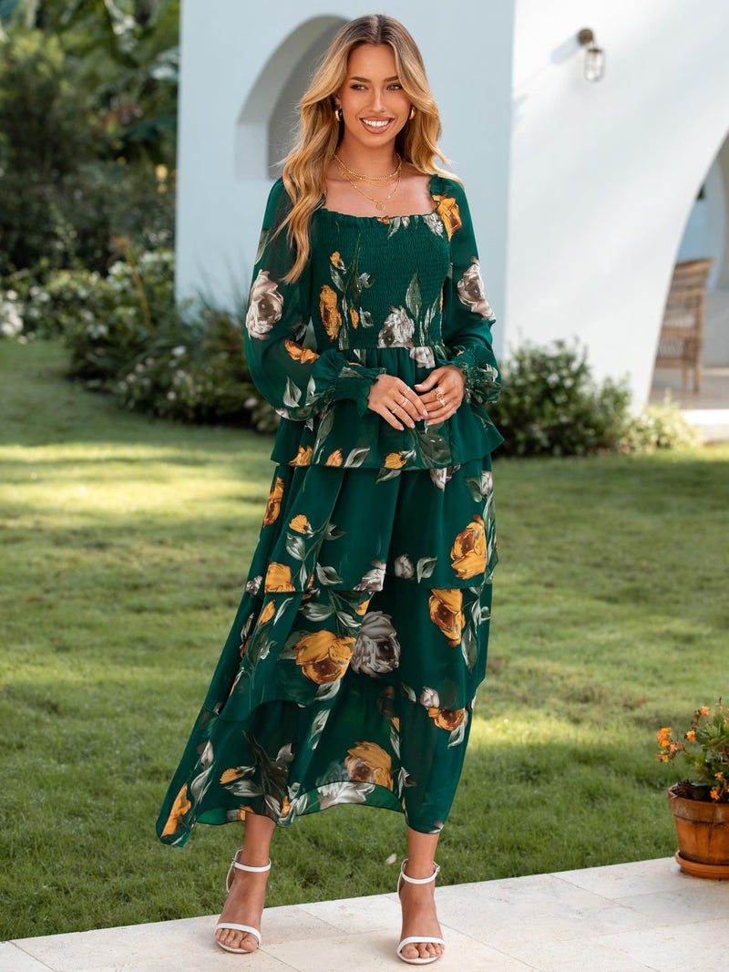 Simplee Womens Long Sleeve Fall Wedding Guest Dress Boho Floral Smocked Square Neck Tiered Flowy Maxi Dresses Emerald Green S - Image 4