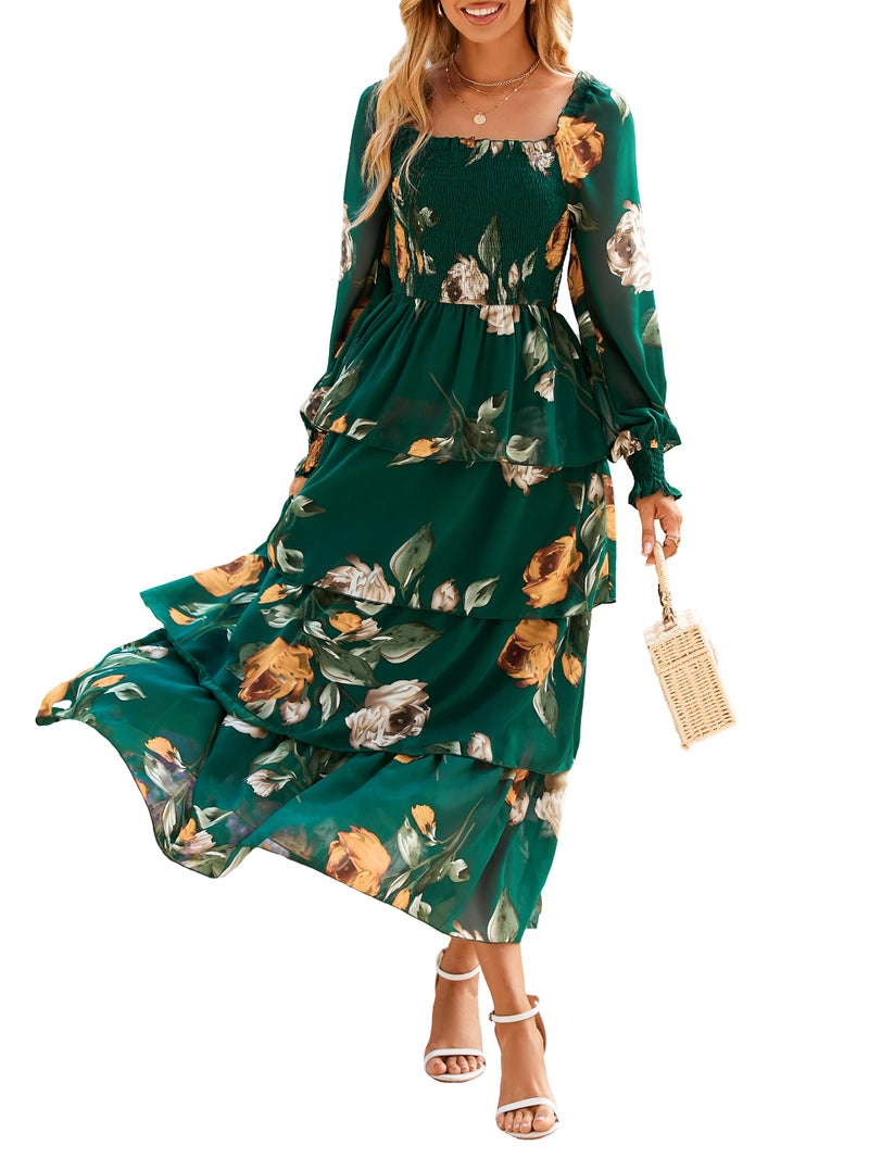 Simplee Womens Long Sleeve Fall Wedding Guest Dress Boho Floral Smocked Square Neck Tiered Flowy Maxi Dresses Emerald Green S - Image 1