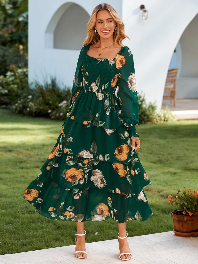 Simplee Womens Long Sleeve Fall Wedding Guest Dress Boho Floral Smocked Square Neck Tiered Flowy Maxi Dresses Emerald Green S - Image 2