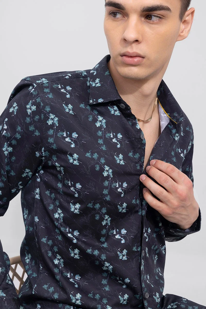 سنيتش Navy Floral Long Sleeve Slim Fit Casual Shirt
