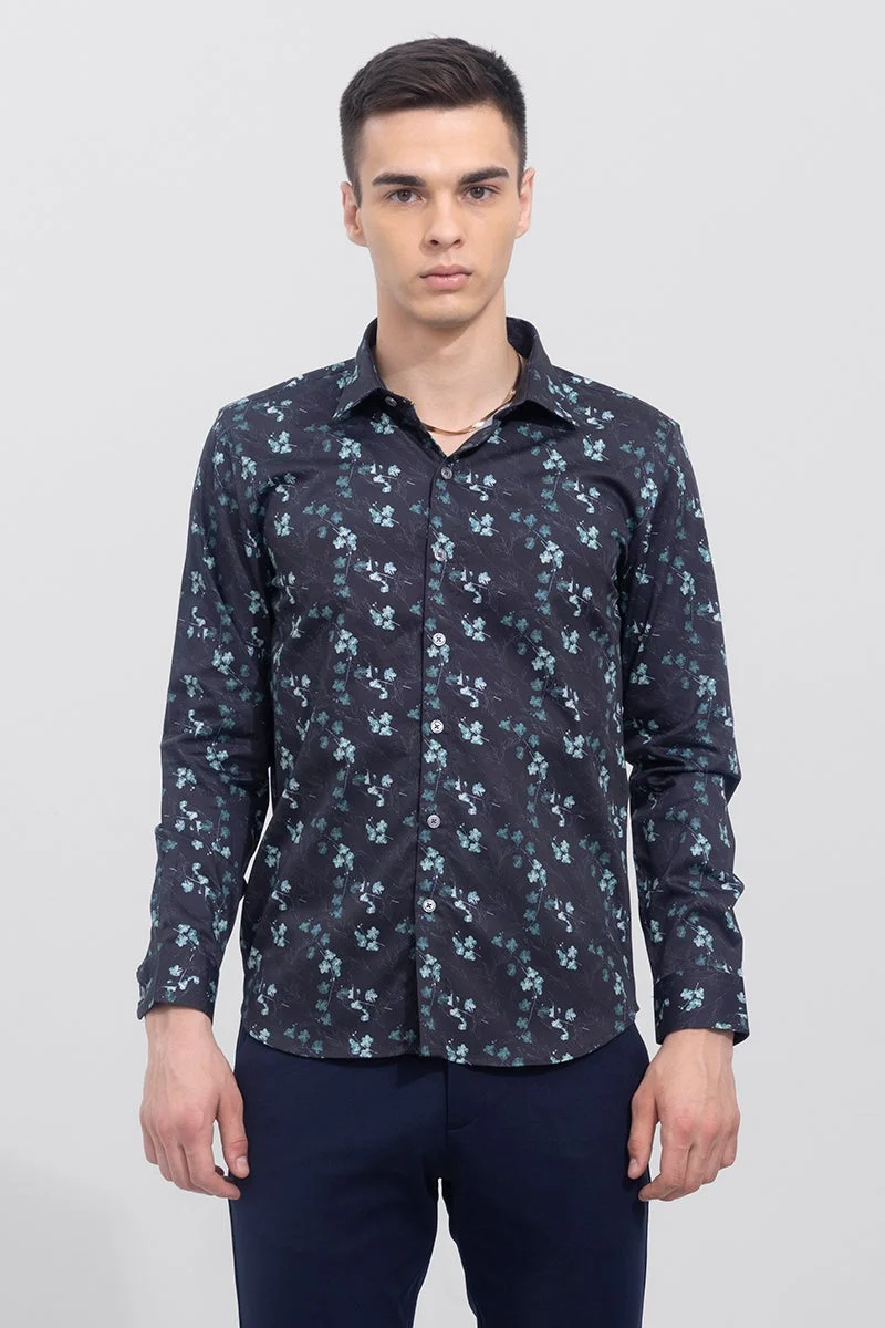 سنيتش Navy Floral Long Sleeve Slim Fit Casual Shirt