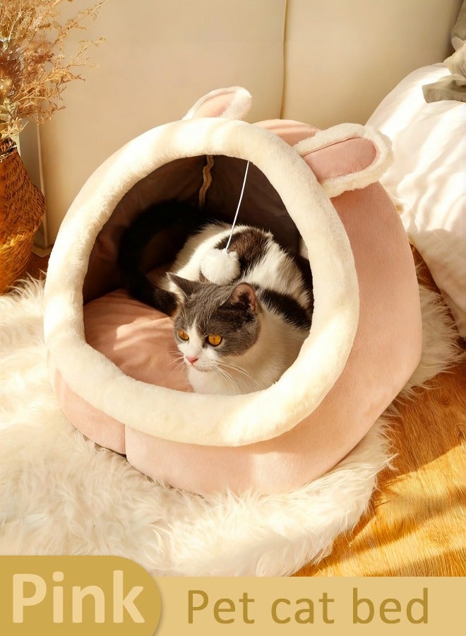 Cat Bed Round Plush Fluffy Hooded Cat Bed Cave, Cozy for Indoor Cats or Small Dog beds,  - Waterproof Bottom Washable (M/L, Pink) - Image 1