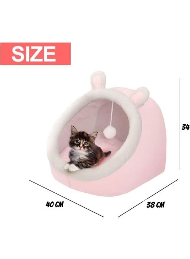 Cat Bed Round Plush Fluffy Hooded Cat Bed Cave, Cozy for Indoor Cats or Small Dog beds,  - Waterproof Bottom Washable (M/L, Pink) - Image 2
