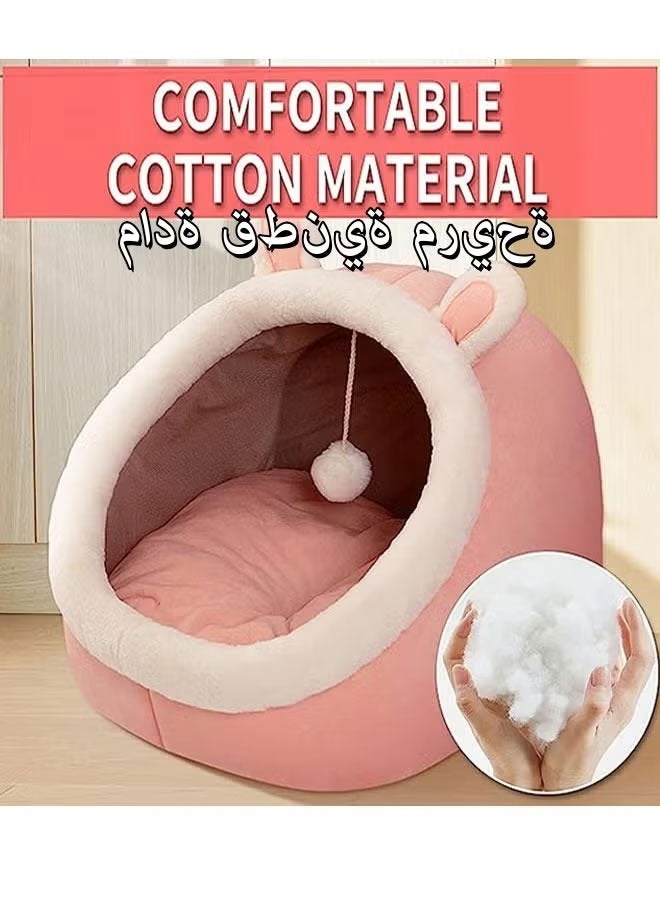 Cat Bed Round Plush Fluffy Hooded Cat Bed Cave, Cozy for Indoor Cats or Small Dog beds,  - Waterproof Bottom Washable (M/L, Pink) - Image 3