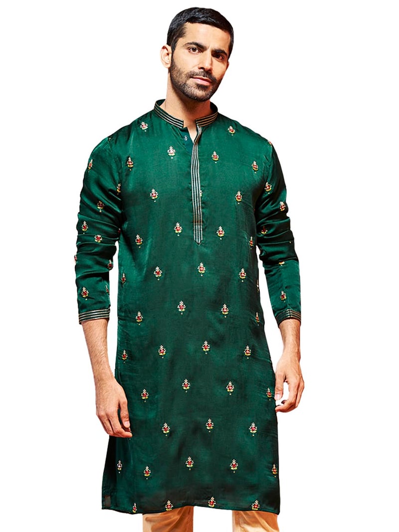 VASTRAMAY Men's Bottle Green Silk Blend Kurta | Wedding & Festive Ethnic Wear | Ideal for Traditional, Haldi, Sangeet & Reception Functions - Image 1
