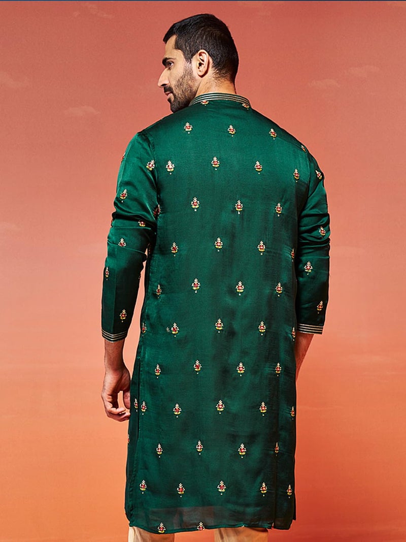 VASTRAMAY Men's Bottle Green Silk Blend Kurta | Wedding & Festive Ethnic Wear | Ideal for Traditional, Haldi, Sangeet & Reception Functions - Image 5